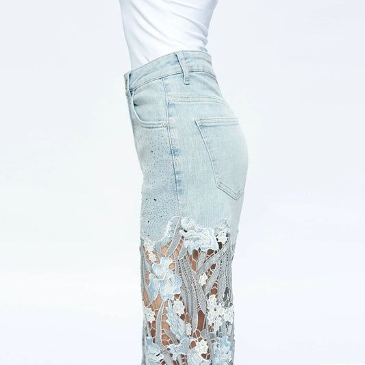 Jeans de Rhinestone con Encaje Azul