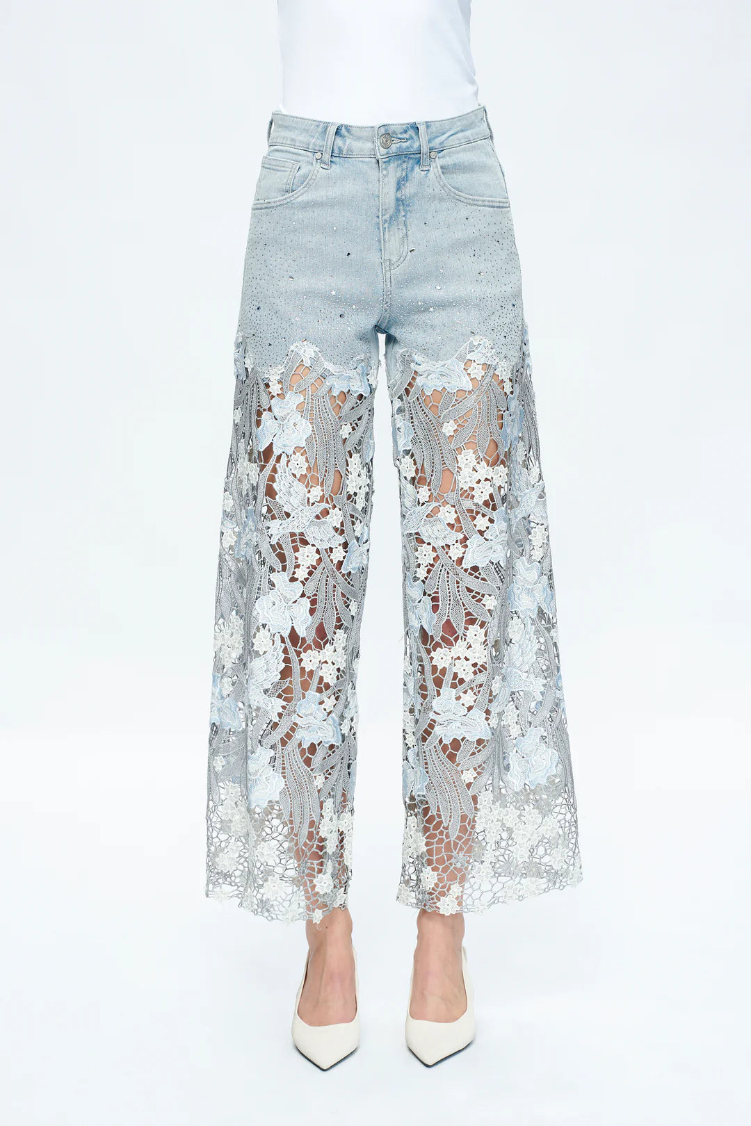 Jeans de Rhinestone con Encaje Azul