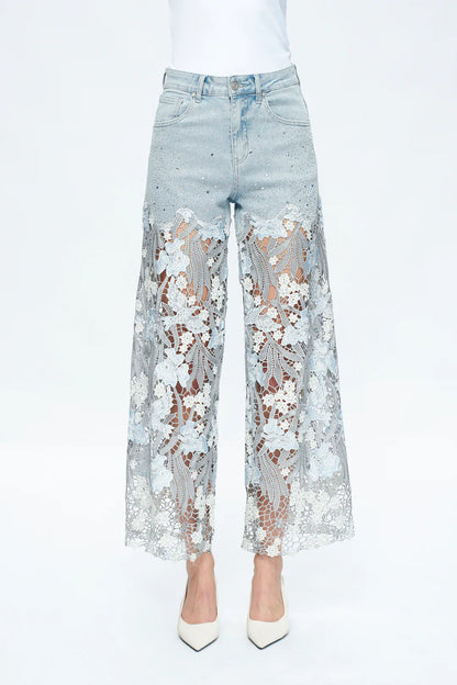 Jeans de Rhinestone con Encaje Azul