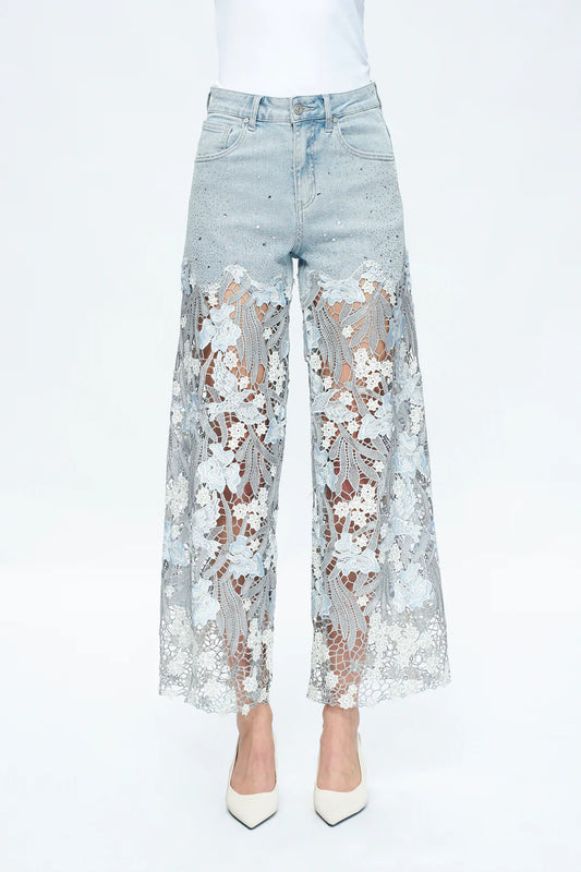 Jeans de Rhinestone con Encaje Azul