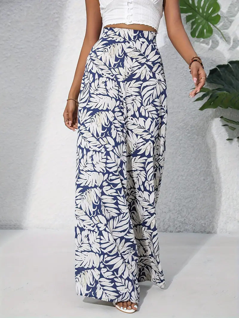 Pantalón ancho de flores, ligero y de tiro alto